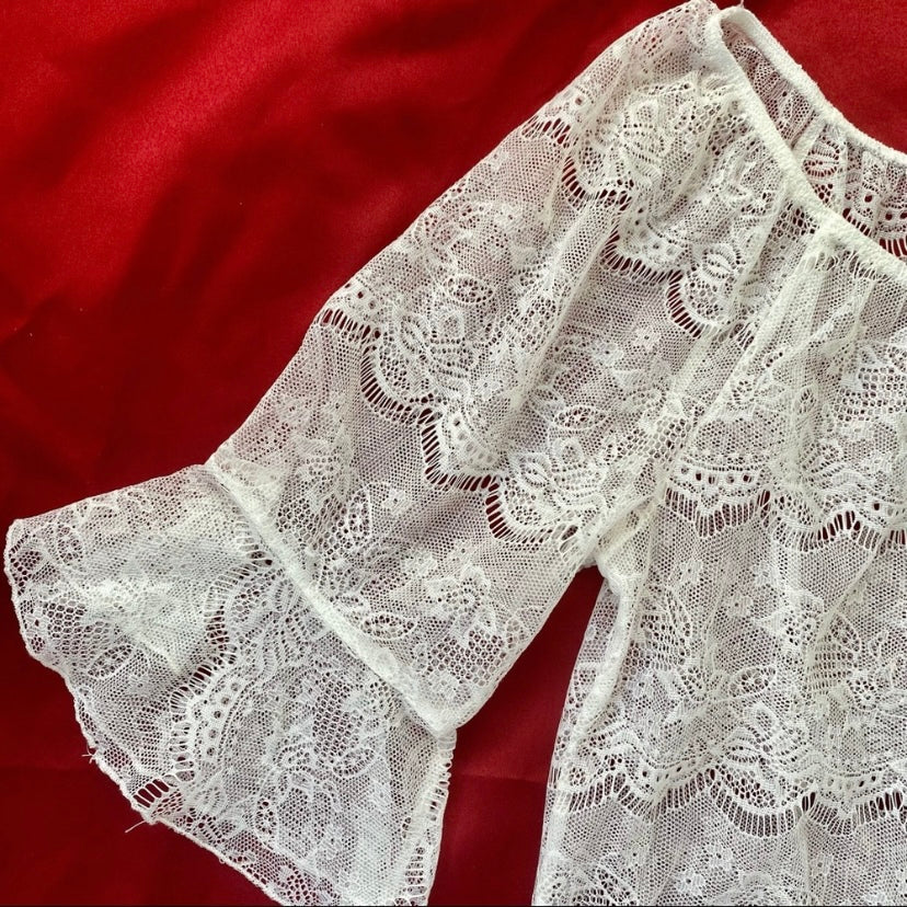 Ivory White Sheer Lace Bell Sleeve Top (Petite Large)