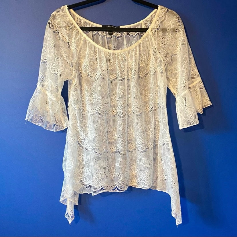Ivory White Sheer Lace Bell Sleeve Top (Petite Large)