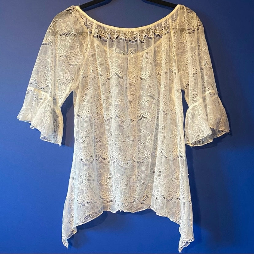 Ivory White Sheer Lace Bell Sleeve Top (Petite Large)