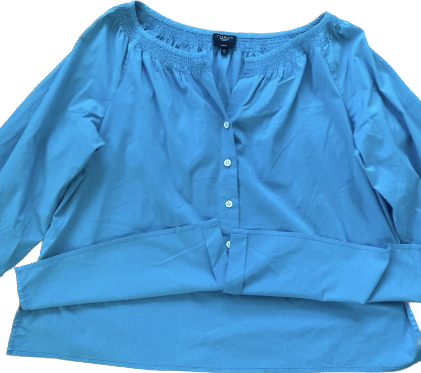 NWOT Talbot’s Petites Stretch Cyan Blue Button Down Peasant Blouse (12P)