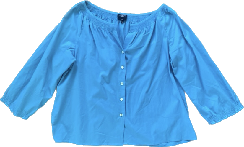 NWOT Talbot’s Petites Stretch Cyan Blue Button Down Peasant Blouse (12P)