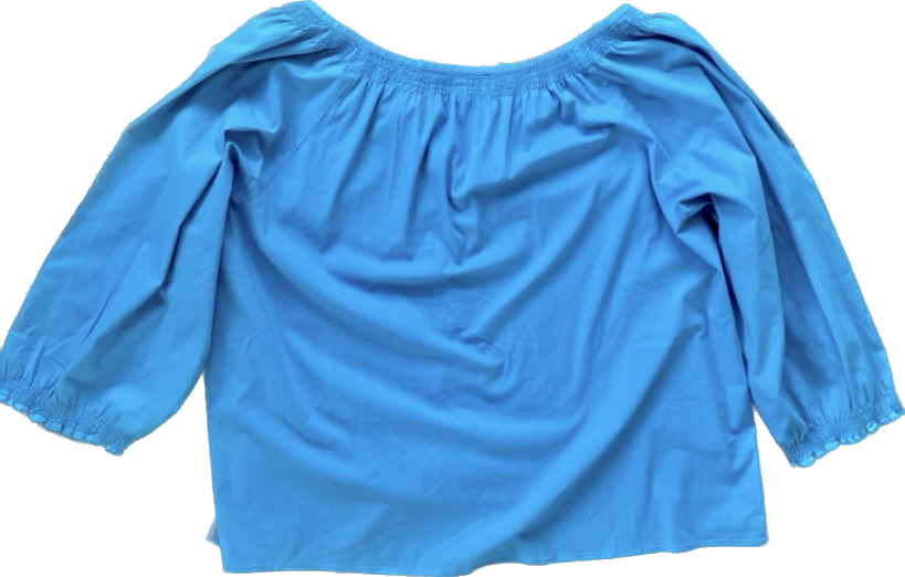 NWOT Talbot’s Petites Stretch Cyan Blue Button Down Peasant Blouse (12P)