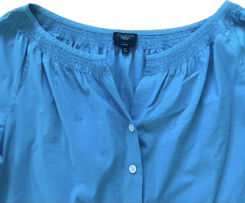 NWOT Talbot’s Petites Stretch Cyan Blue Button Down Peasant Blouse (12P)