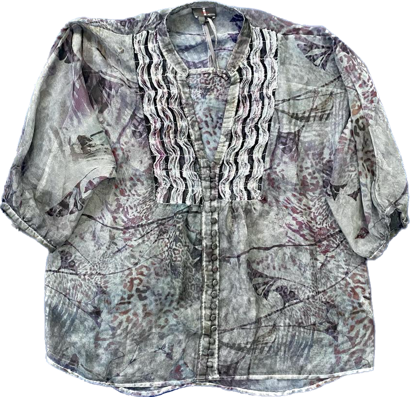 Pastel Purple Cheetah Print Ruffle Bib Blouse (Petite Large)