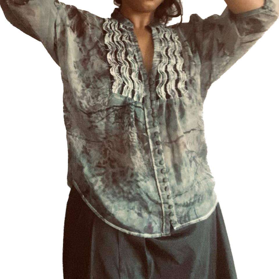 Pastel Purple Cheetah Print Ruffle Bib Blouse (Petite Large)