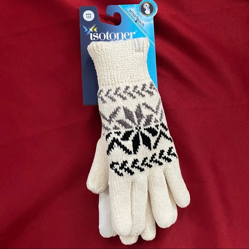 NWT Isotoner Ivory Fair Isle Knit Winter Gloves