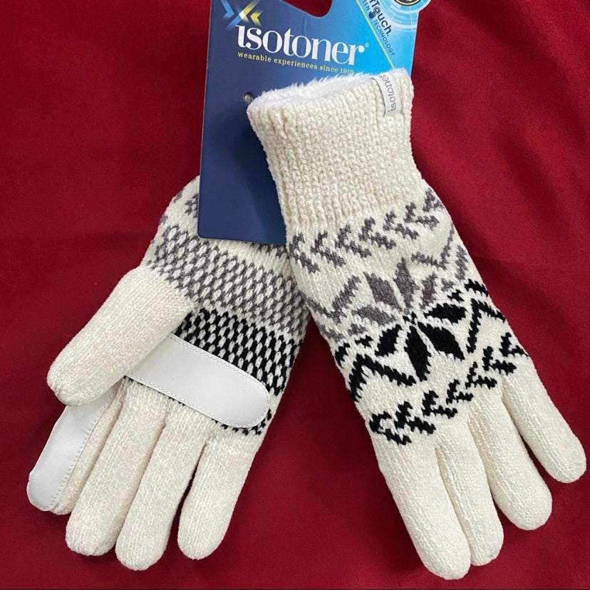 NWT Isotoner Ivory Fair Isle Knit Winter Gloves