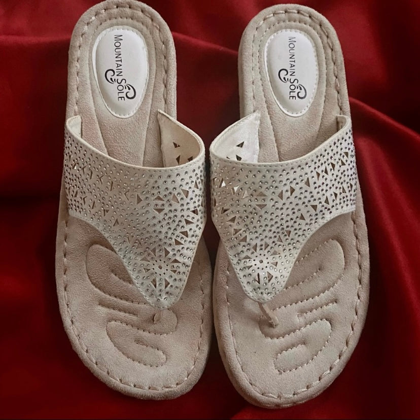 Mountain Sole White Rhinestone Studded Bling Thong Wedge Sandals (Size 9)