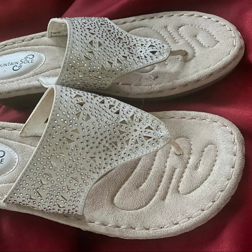 Mountain Sole White Rhinestone Studded Bling Thong Wedge Sandals (Size 9)