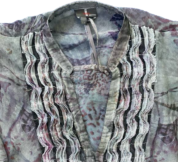 Pastel Purple Cheetah Print Ruffle Bib Blouse (Petite Large)