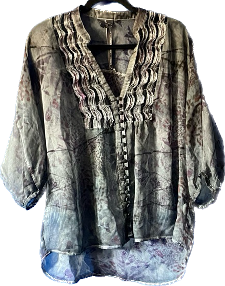 Pastel Purple Cheetah Print Ruffle Bib Blouse (Petite Large)