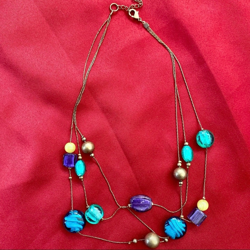 Abstract Blue/Green/Purple Planetary Illusion Beaded Necklace