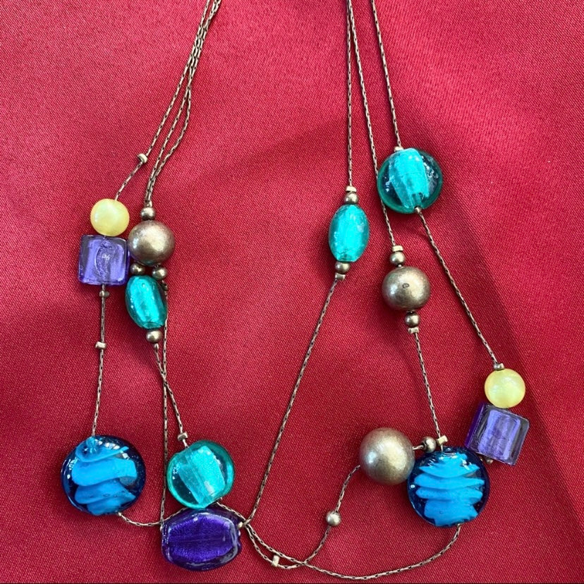Abstract Blue/Green/Purple Planetary Illusion Beaded Necklace