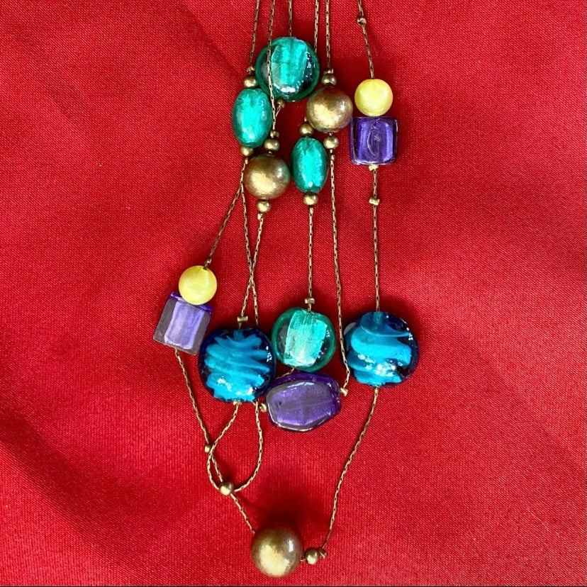 Abstract Blue/Green/Purple Planetary Illusion Beaded Necklace