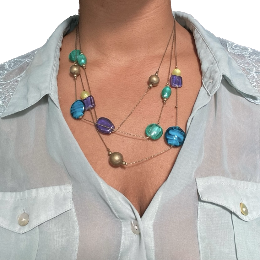 Abstract Blue/Green/Purple Planetary Illusion Beaded Necklace