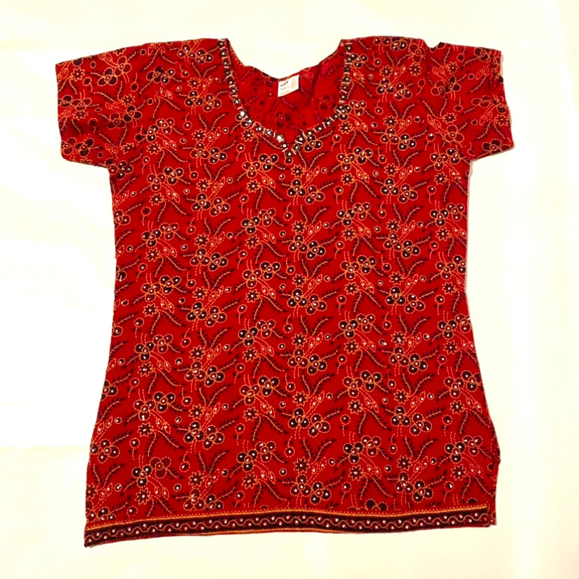 Handmade Vintage Red Black & White Embroidered Top (M)