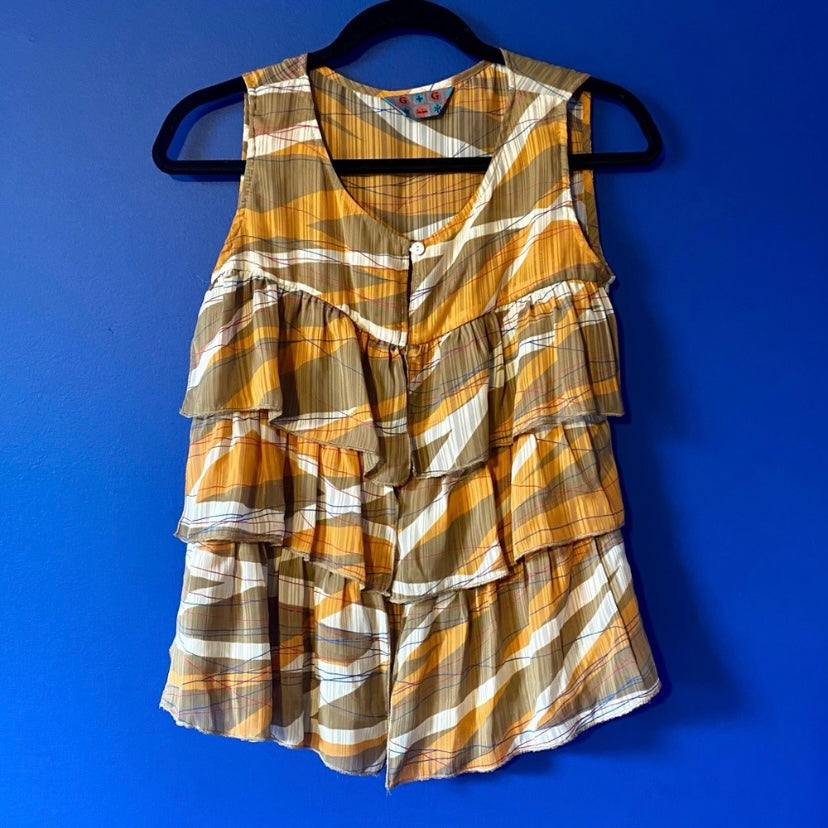 Abstract Orange/Taupe/White Striped Ruffle-Tiered Sleeveless Top (M)