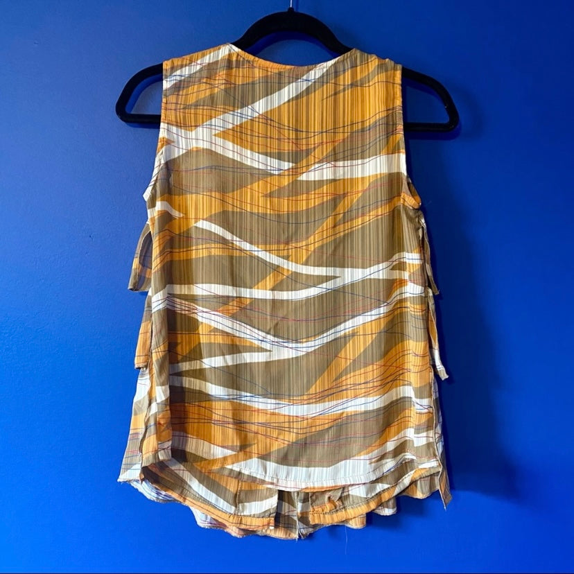 Abstract Orange/Taupe/White Striped Ruffle-Tiered Sleeveless Top (M)