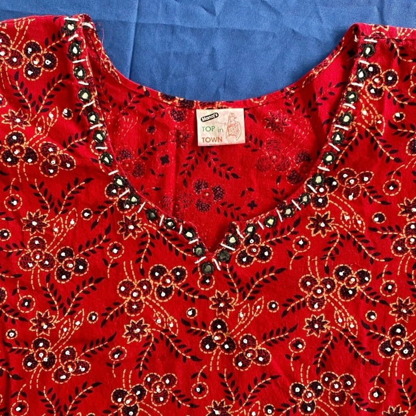 Handmade Vintage Red Black & White Embroidered Top (M)
