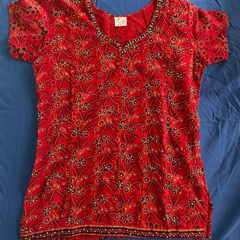 Handmade Vintage Red Black & White Embroidered Top (M)