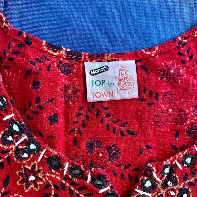 Handmade Vintage Red Black & White Embroidered Top (M)