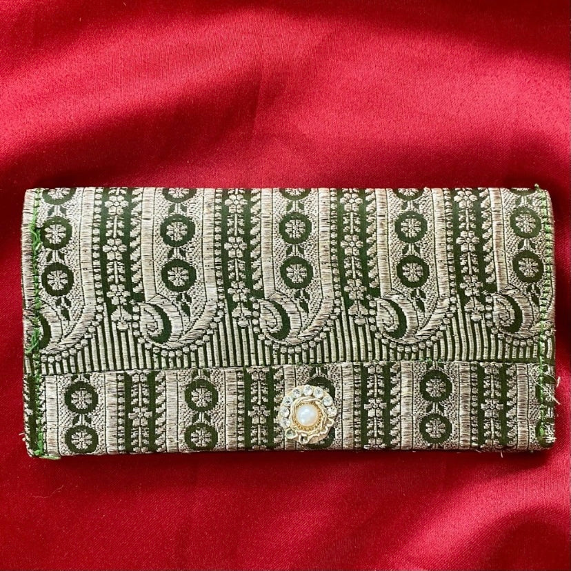 Vintage Green & Gold Embroidered Brocade Satin-Lined Wallet