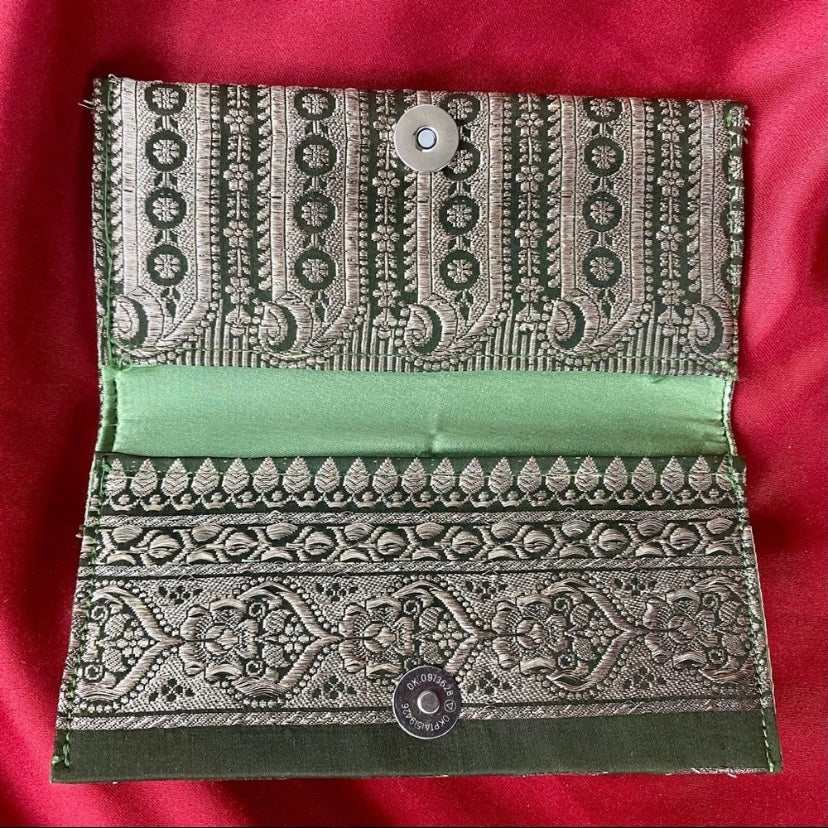 Vintage Green & Gold Embroidered Brocade Satin-Lined Wallet