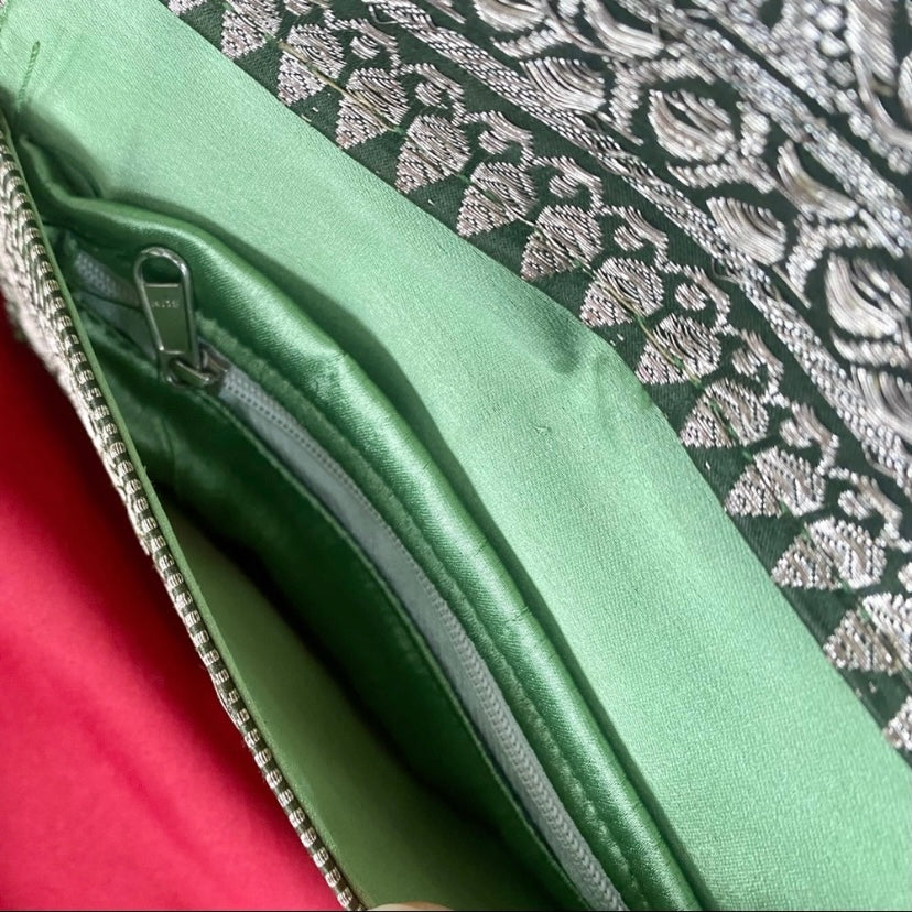 Vintage Green & Gold Embroidered Brocade Satin-Lined Wallet