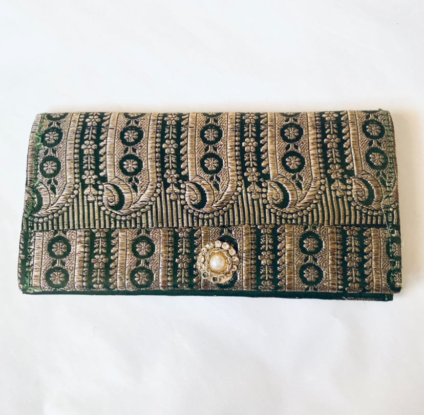 Vintage Green & Gold Embroidered Brocade Satin-Lined Wallet