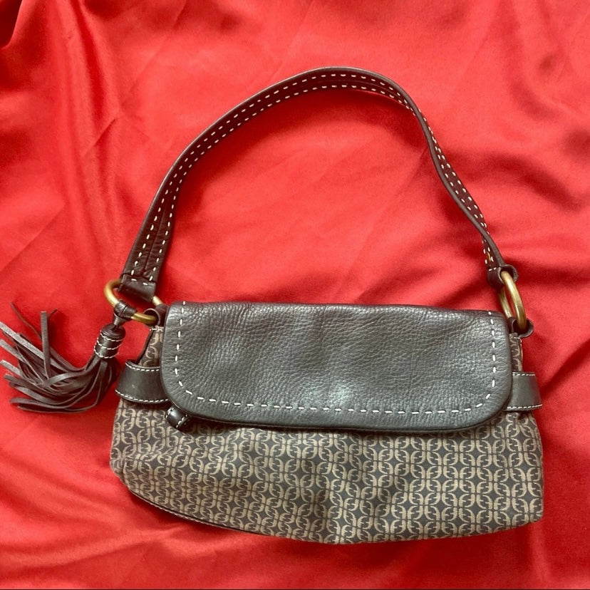 Fossil FF Logo Black/ Tan Jacquard Canvas Leather Bag w/ Tassel & Gold Hardware