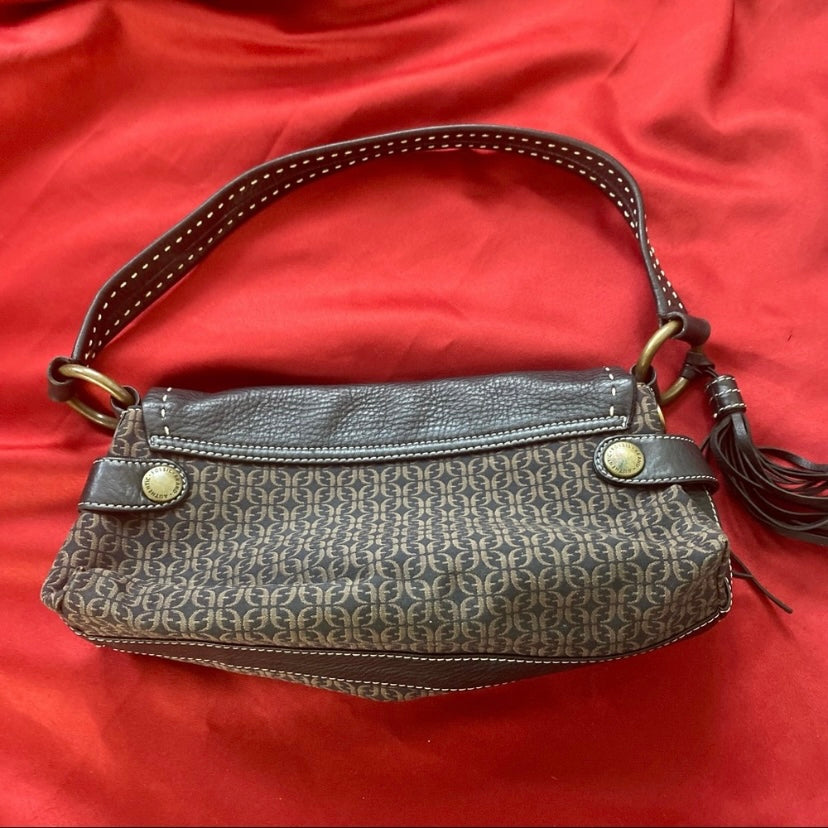 Fossil FF Logo Black/ Tan Jacquard Canvas Leather Bag w/ Tassel & Gold Hardware