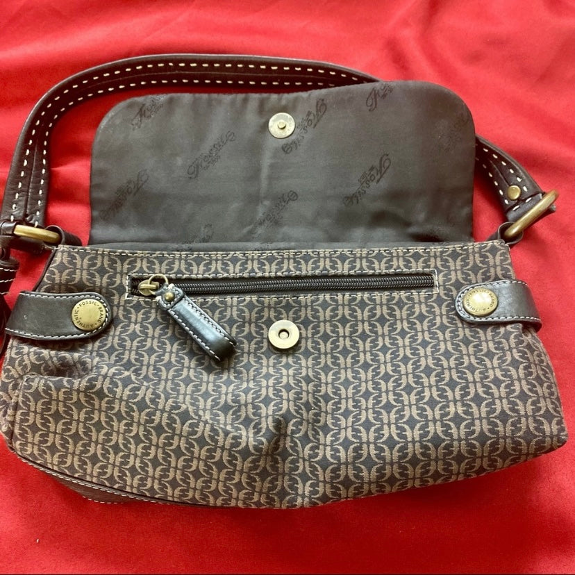 Fossil FF Logo Black/ Tan Jacquard Canvas Leather Bag w/ Tassel & Gold Hardware