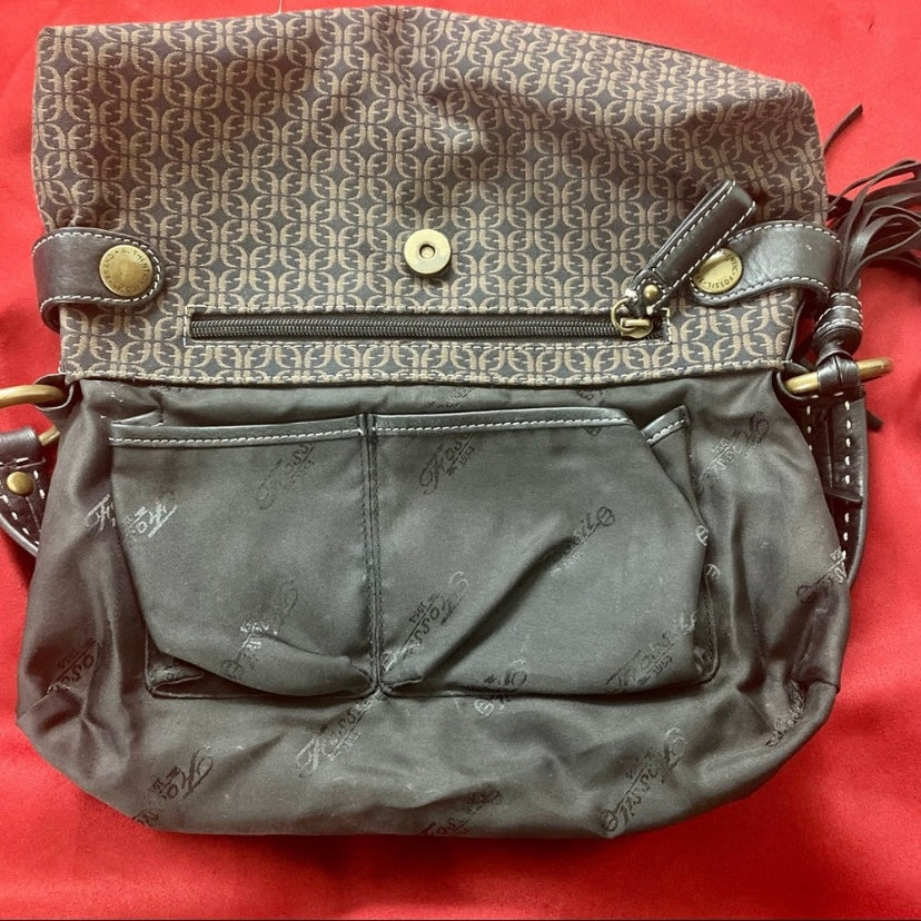 Fossil FF Logo Black/ Tan Jacquard Canvas Leather Bag w/ Tassel & Gold Hardware