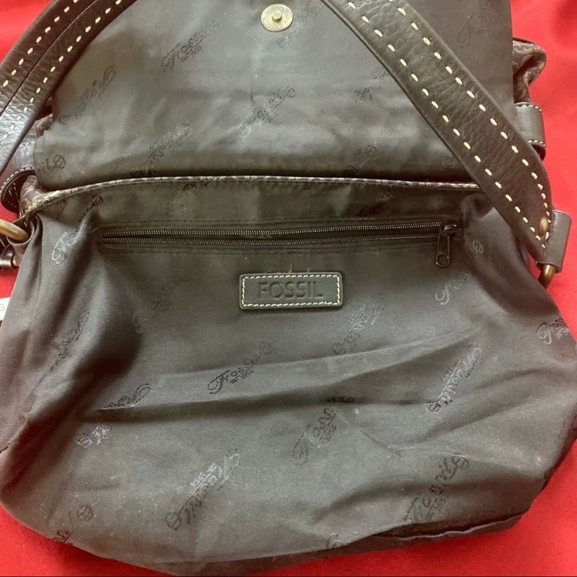 Fossil FF Logo Black/ Tan Jacquard Canvas Leather Bag w/ Tassel & Gold Hardware