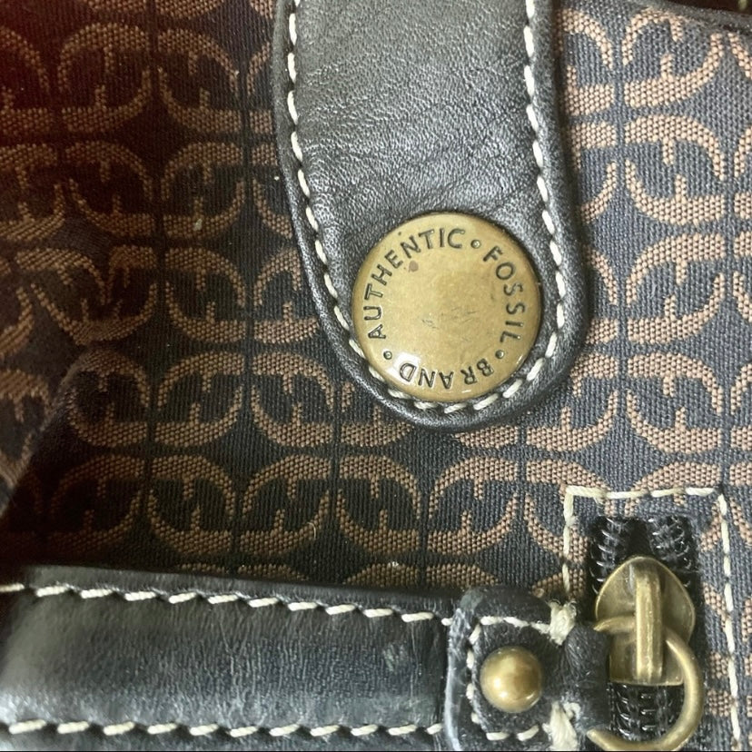 Fossil FF Logo Black/ Tan Jacquard Canvas Leather Bag w/ Tassel & Gold Hardware