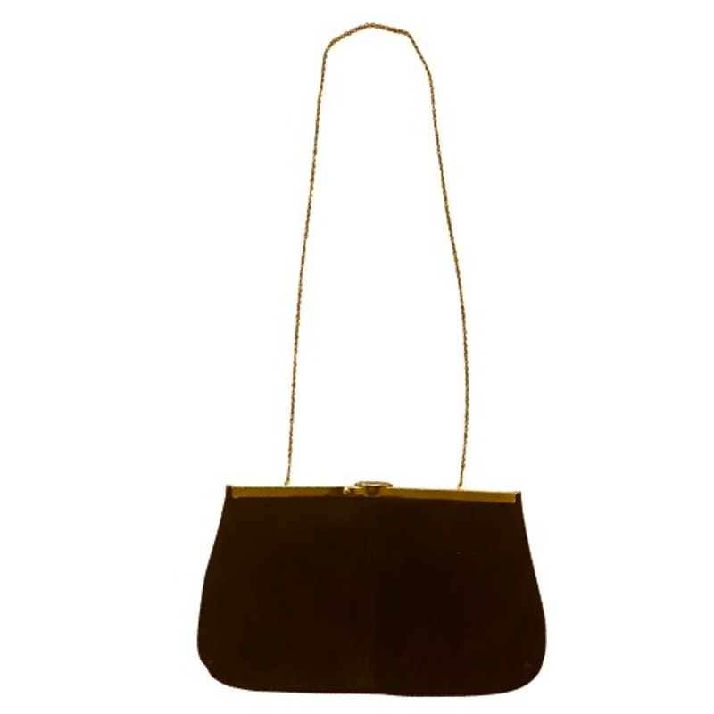 Vintage Large Black Suede Clutch/Evening Bag with Brass Clasp and Chain