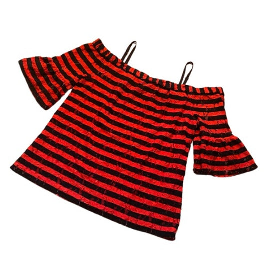 Black and Red Striped Floral Lace Off Shoulder Blouse (M)