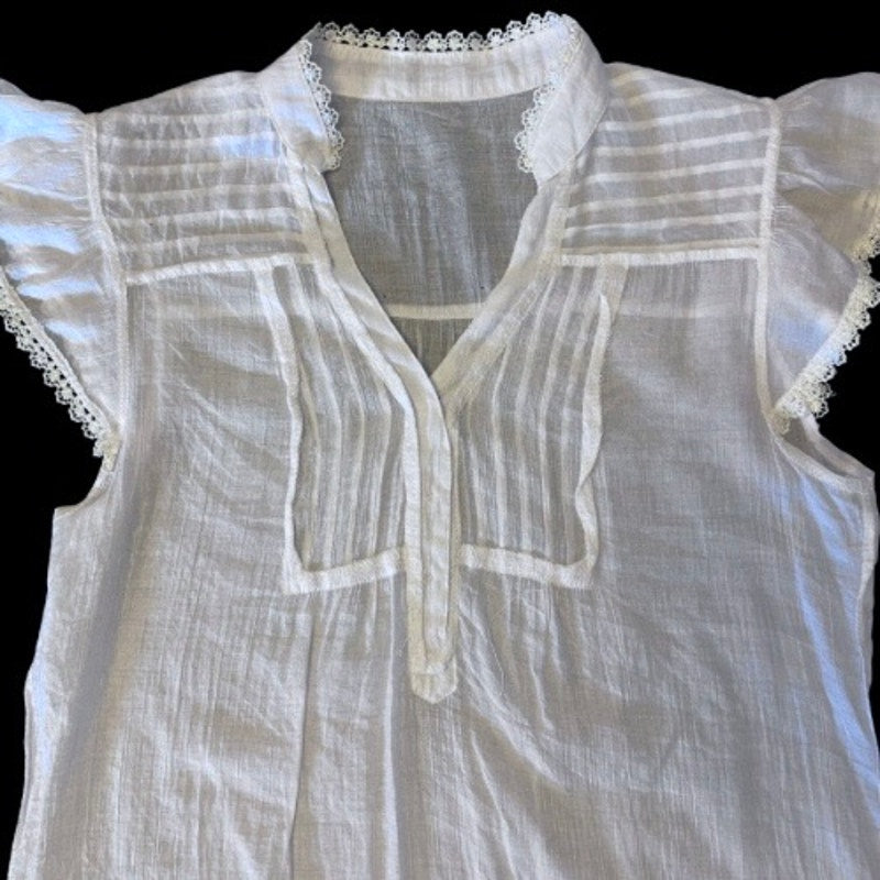 Y2K Sheer White Lace Trim Cap Sleeve Button Down Blouse (M/L)