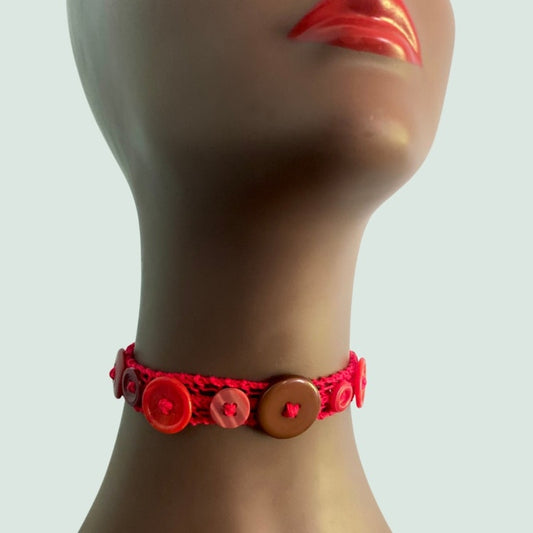 Red/Brown Button Embellished Handknit Cotton Choker Necklace