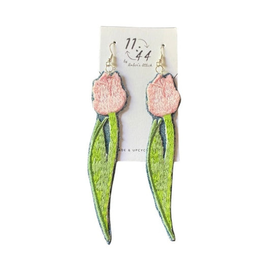 Upcycled Vintage Pink Tulip Embroidered Patch + Denim Earrings