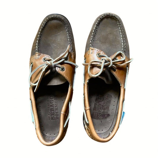 Two-toned Dark Grey/Cognac Brown Leather Sebago Docksides Loafers with Rawhide Laces (Men’s 8.5)