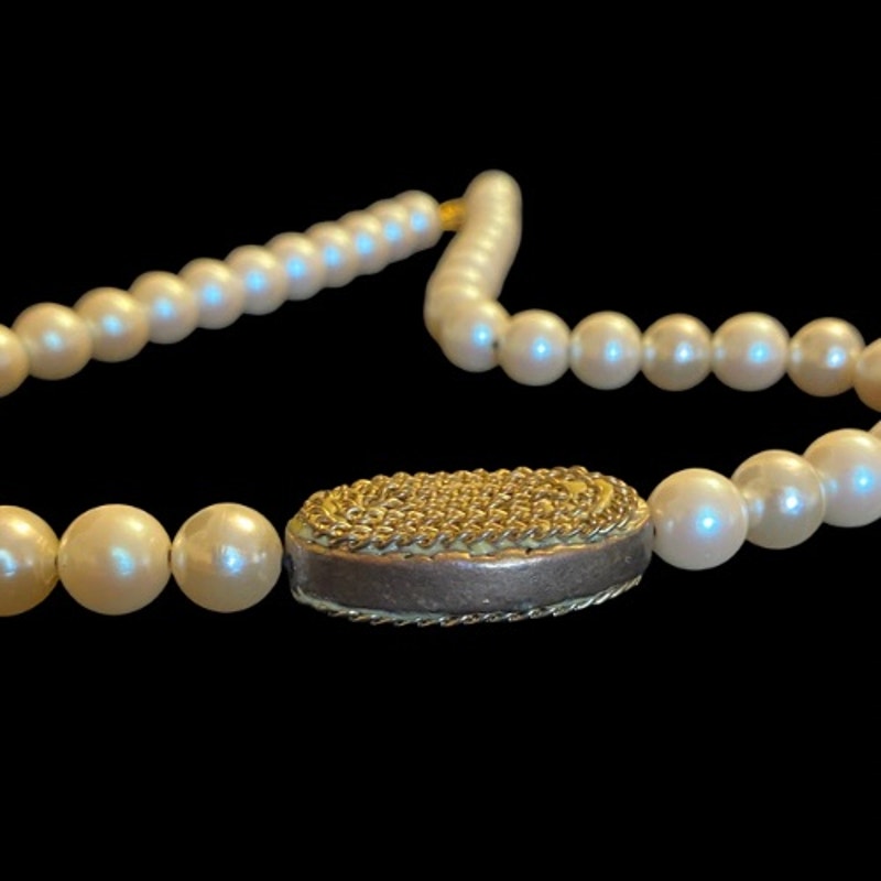 Oval Bronze Accent Mock Pearl Necklace | Handmade with Vintage Beads