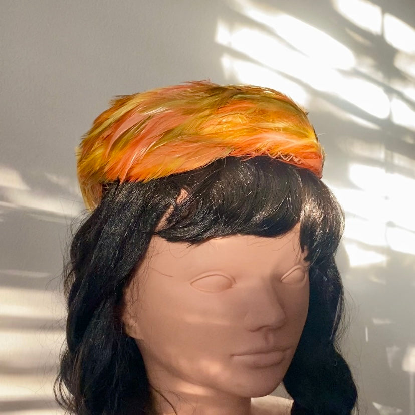 Vintage Orange, Brown, and Green Feather Pillbox Hat