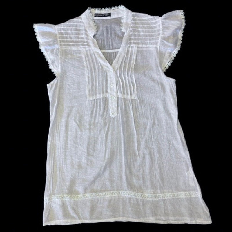 Y2K Sheer White Lace Trim Cap Sleeve Button Down Blouse (M/L)
