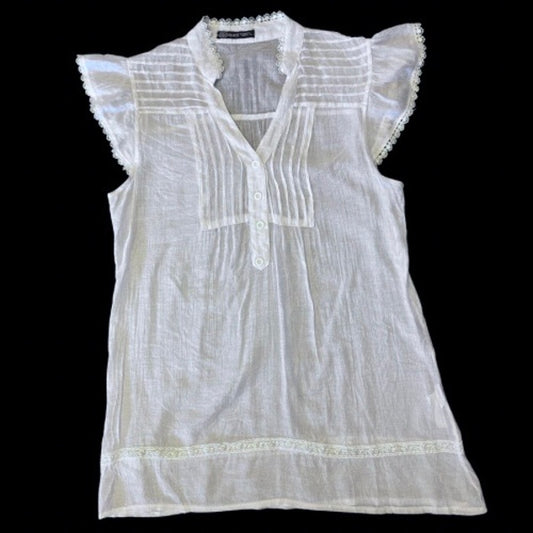 Y2K Sheer White Lace Trim Cap Sleeve Button Down Blouse (M/L)