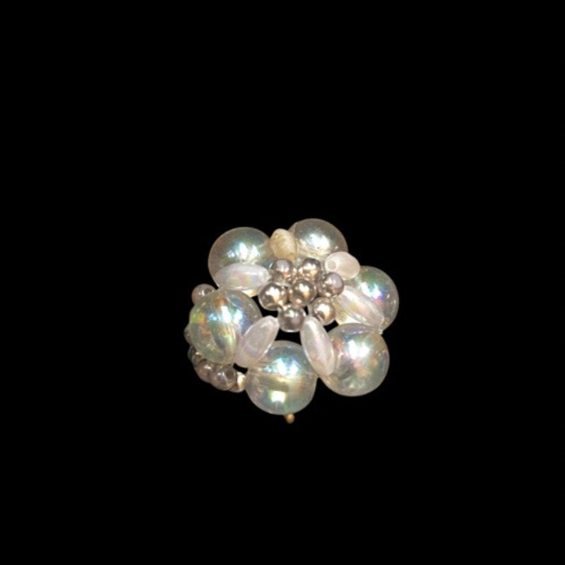 Vintage Silver/White/Clear AB Beaded Flower Cocktail Ring (5)
