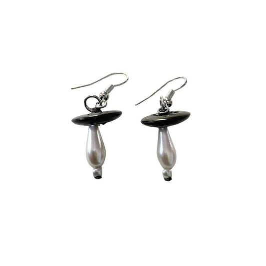 Dark Brown Vintage Pearl Bead & Button Mushroom Earrings (Silver)