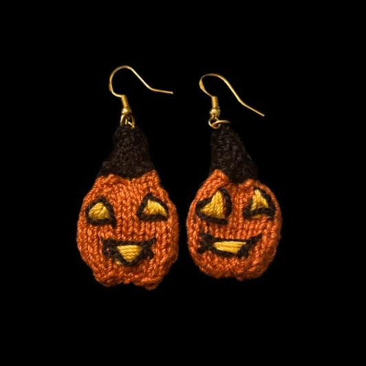 Witchy Jack O’ Lantern Handknit Cotton Earrings