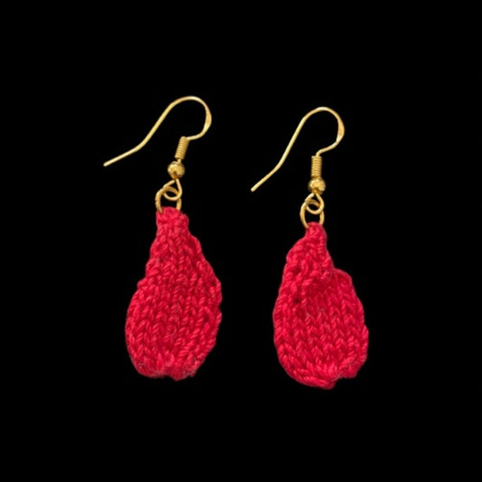 Blood Drops Handknit Cotton Earrings (Gold Hooks)