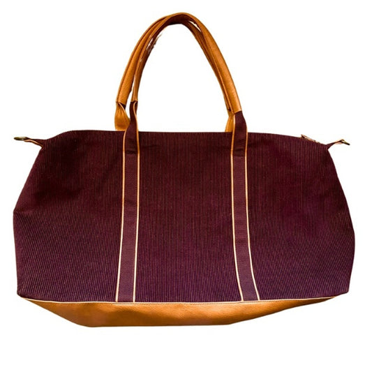Large Maroon Corduroy Tan Faux Leather Weekender Bag with Adjustable Shoulder Strap